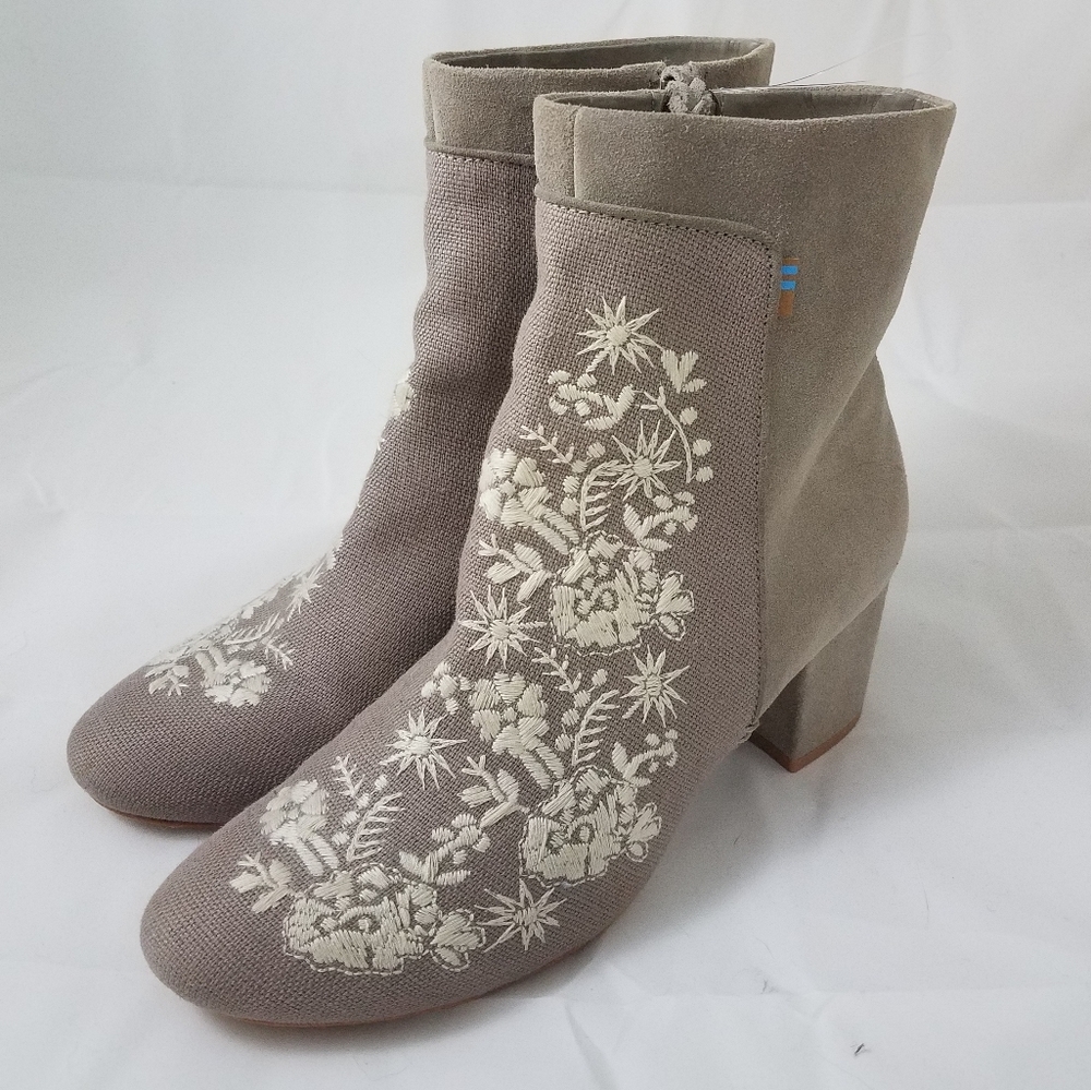 Toms Taupe Floral Embroidered Ankle Boots